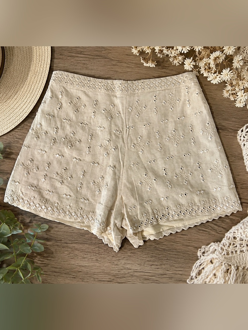 MNG Mango Kids Cream Embroidered Linen Blend Boho Shorts Size 13-14